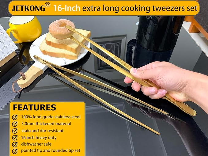 JETKONG 2 Pcs 16-Inch Heavy Duty Cooking Tweezers Extra Large Stainless Steel Food Tweezers Gaint Kitchen Tweezer Tongs (Gold)