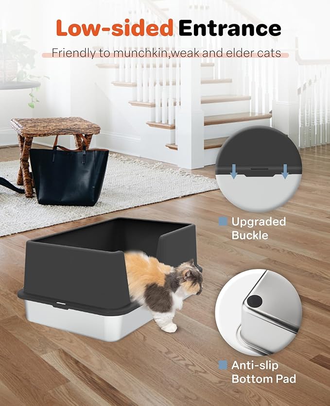 Stainless Steel Litter Box with Lid, 23.5" L x 15.8" W x 10.5" H, Large Metal Cat Box for Big Cats, High Sided Kitty Litter Box with Scoop & Pee Pads, Non-Sticky, Anti-Leakage, Easy to Clean (Black)
