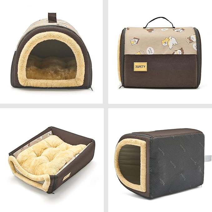 Jiupety Cozy Small Pet Dog House, 2 in 1 Puppy House, S Size for Cat and Puppy, Warm Cave Sleeping Nest for Cats and Dogs, S(15"×12"×11"), Up to 5.5 Lb, Brown