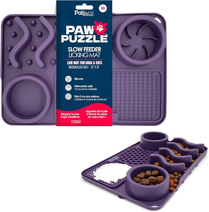Palz&Co Paw Puzzle 2-in-1 Slow Feeder & Lick Mat for Dogs and Cats, Dry and Wet Food, Dishwasher Safe Silicone, Medium 12"x8", Purple