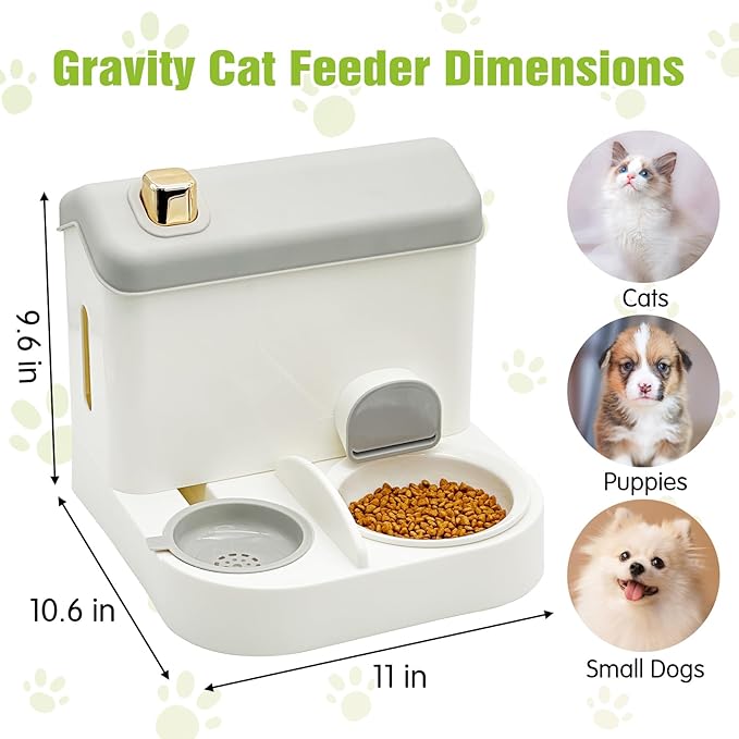 Fhiny Gravity Cat Feeder and Water Dispenser, 2 in 1 Gravity Feeder Cat Dry Food & Waterer Removable Ceramic Bowl Pet Food Storage Self Feeding Station for Indoor Cat Kitten Puppy Easy Clean (Grey)
