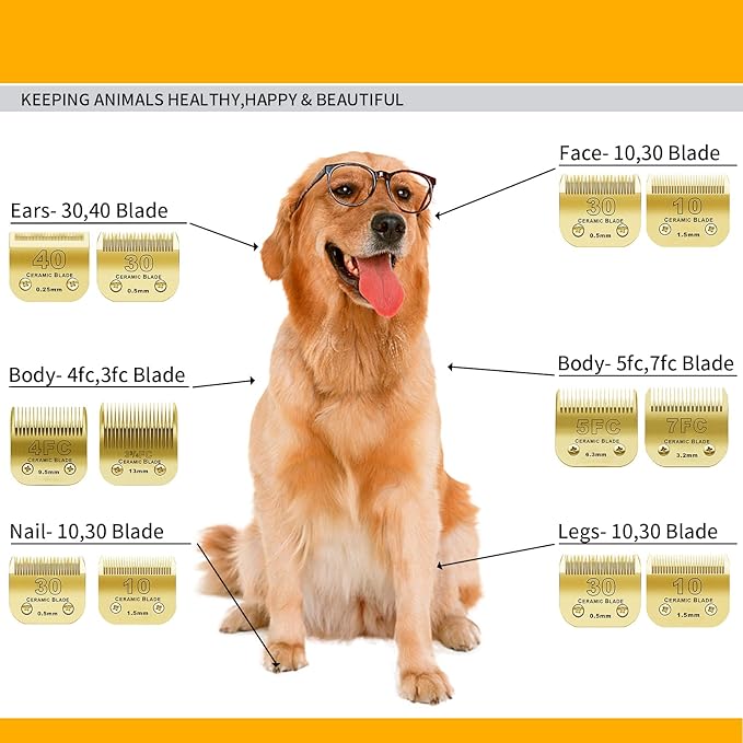 7FC/5FC/4FC Detachable Pet Dog Grooming Clipper Ceramic Blades Set,Compatible with Andis,Oster A5,Wahl KM10 Series Clippers,3 Pack,Gold