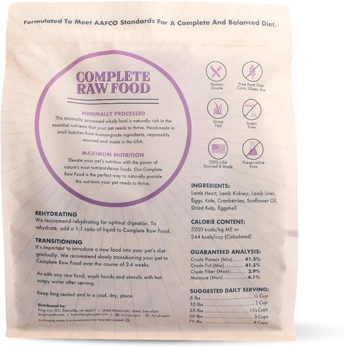 King Lou Pets - Human Grade Raw Food for Dogs and Cats - Complete Meal for Pets - Freeze Dried Lamb Recipe - 14oz