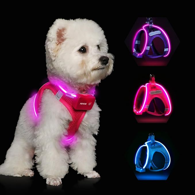 Light Up Dog Harness,Rechargeable LED Dog Harness for Small Medium Large Dogs,Reflective Lighted Safety Vest for Night Walking & Camping,Lightweight & Adjustable,Pink,L