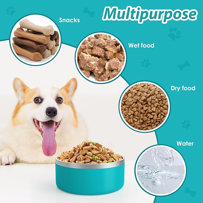 IKITCHEN Dog Bowl for Food and Water, 40 Oz Stainless Steel Pet Feeding Bowl, Durable Non-Skid Double Wall Insulated Heavy Duty with Rubber Bottom for Medium Large Dogs (40 Ounces/5 Cup, Lakeblue)