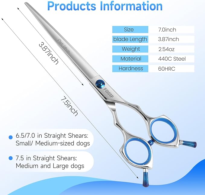 Straight Dog Grooming Scissors 7.5 in Professional Dog Hair Scissor Trimming Dogs Pet Cat Shears Japan 440C Symmetric Handle Easy for Cutting Body Leg Hairs(7.5)