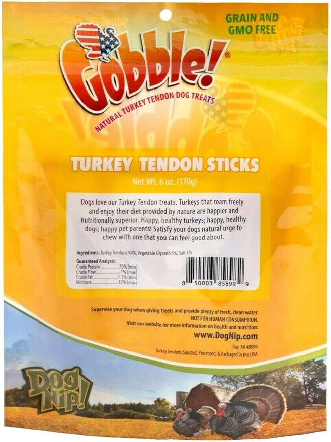 Gobble! 6-Inch Turkey Tendon Sticks for Dogs, Made in USA, 6 oz. (170g) Reseal Value Bags, All-Natural Hypoallergenic Dog Chew Treat |Sourced, Processed & Packaged in The USA | (22-25 Pieces)