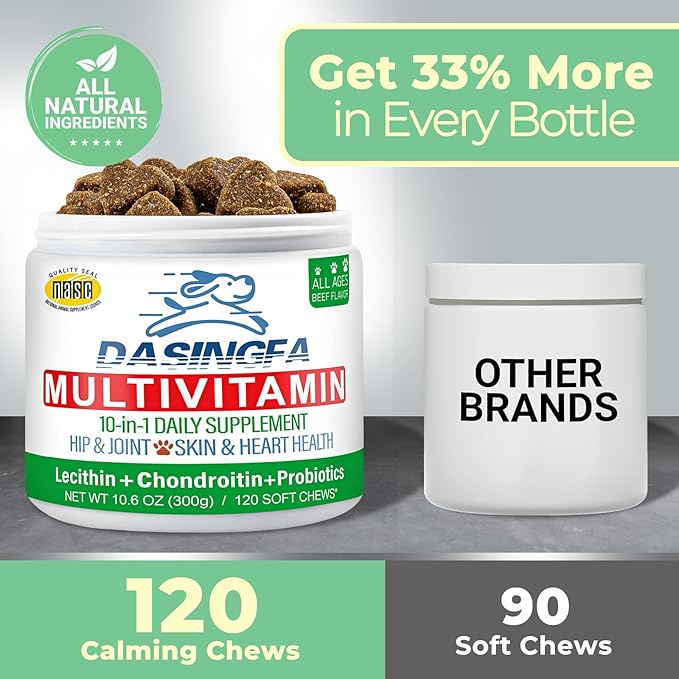 10-in-1 Dog Multivitamin Supplement, Calming Chews with Chondroitin & Probiotics, Mega Pack 10.6oz/300g (120 Chews), Supports Joint Health & Calming, Beef Flavor