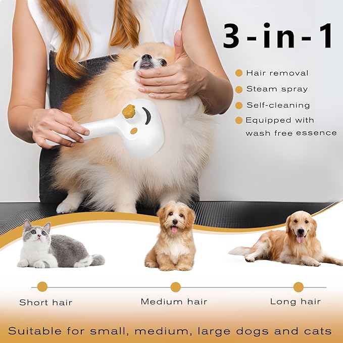Pet Steam Brush for Dog & Cat – 3-in-1 Spray Hair Removal Comb – Steam Brush for Shedding & Grooming – Spritz Defur Comb – Includes Ear Wipes
