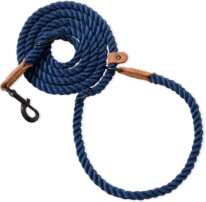 Mile High Life Hands Free Dog Leash, Crossbody Waist Leash with Genuine Leather Connection, Multifunctional Adjustable Slip Lead for Dog Walking Running (Navy Blue, 7FT)