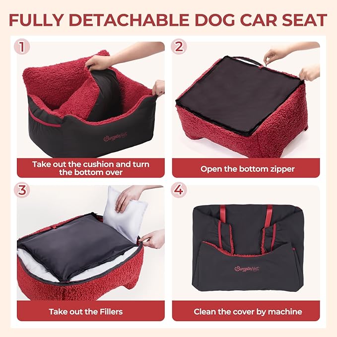 BurgeonNest Dog Car Seat for Small Dogs, Detachable and Washable Cat Carseats Under 25 lbs, Soft Pet Booster Seats with Storage Pockets and Clip-On Leash Portable Car Travel Carrier Bed, Black red
