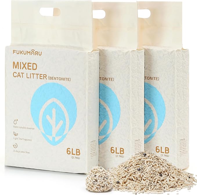 FUKUMARU Tofu Cat Litter, Strong Clumping Cat Litter Pellets, Effective Odor Control, Ultra Absorbent, Dust Free, Natural, Flushable, Lightweight, Low Tracking, White Tea, 6lb x 3 Bags