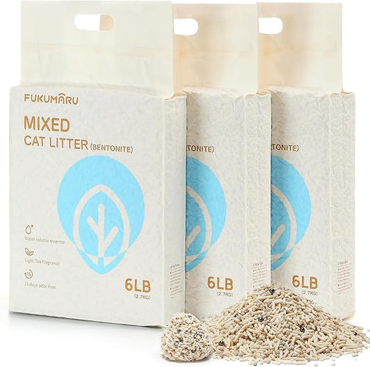 FUKUMARU Tofu Cat Litter, Strong Clumping Cat Litter Pellets, Effective Odor Control, Ultra Absorbent, Dust Free, Natural, Flushable, Lightweight, Low Tracking, White Tea, 6lb x 3 Bags