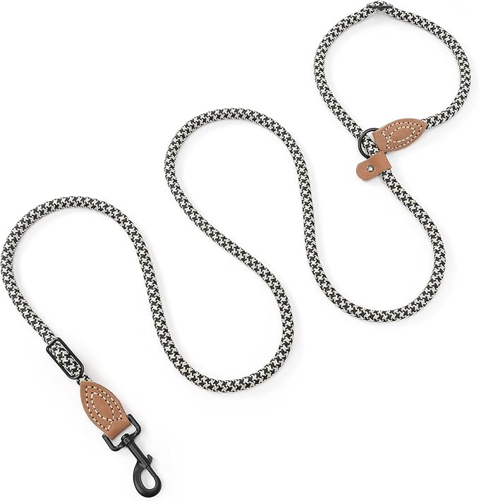 Mile High Life Hands Free Dog Leash, Crossbody Waist Leash with Genuine Leather Connection, Multifunctional Adjustable Slip Lead for Dog Walking Running (Black Khaki, 7FT)