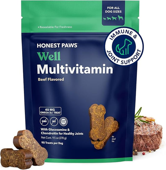 Honest Paws (90 Count) Dog Multivitamin Soft Chews with 10 Essential Vitamins - Joint, Coat, Immune, Eye & Heart Support - with Glucosamine, Chondroitin & Omega-3 - Beef Flavor