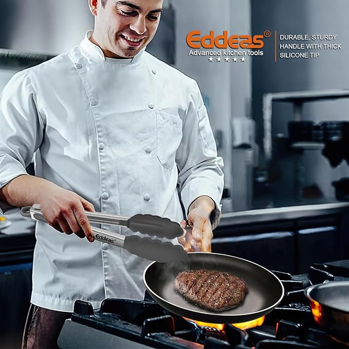 Kitchen Tongs with Silicone Tips - Heat Resistant 600 Degrees Stainless Steel Locking Cooking Tongs with Rubber Tips, Non-Stick Food Tongs for Cooking, Heavy Duty, Set of 3-7" 9" and 12" Grey