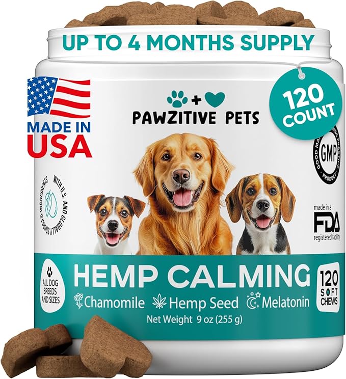 Hemp Calming Chews for Dogs - Dog Calming Chews for Anxiety Relief, Stress, Separation, Fireworks, Thunder, Travel, Vet Visits - USA Product - 120 Soft Treats with Melatonin, Chamomile, Passion Flower