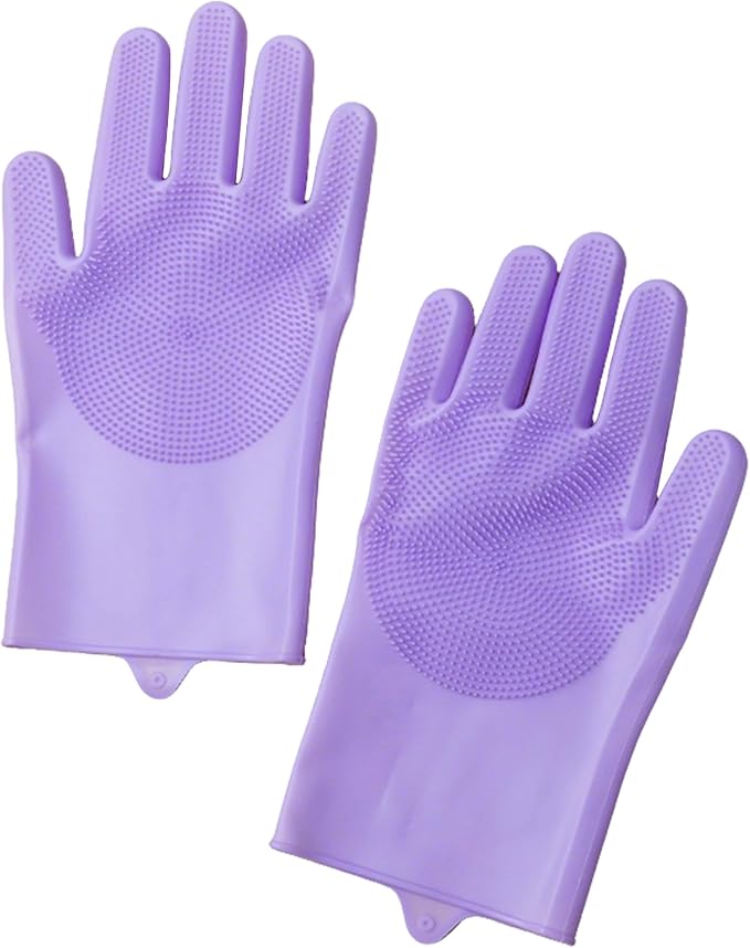 Pet Grooming Gloves，Heat-Resistant Silicone Gloves with High-Density Teeth for Enhanced Massaging and Bathing of Dogs and Cats (Purple, 1 Pair)