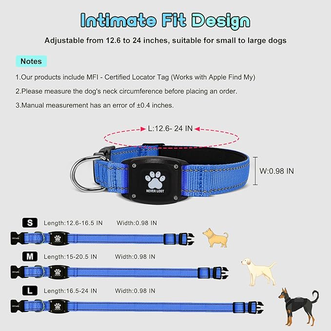 GPS Dog Collar Tracker 2-in-1,Reflective Waterproof Adjustable Pet Collar,iOS-Only,Ideal for Dog Tracking pet Tracker,for Small to Large Dogs,Real-Time Tracking,No Monthly Fees(Blue,Small)