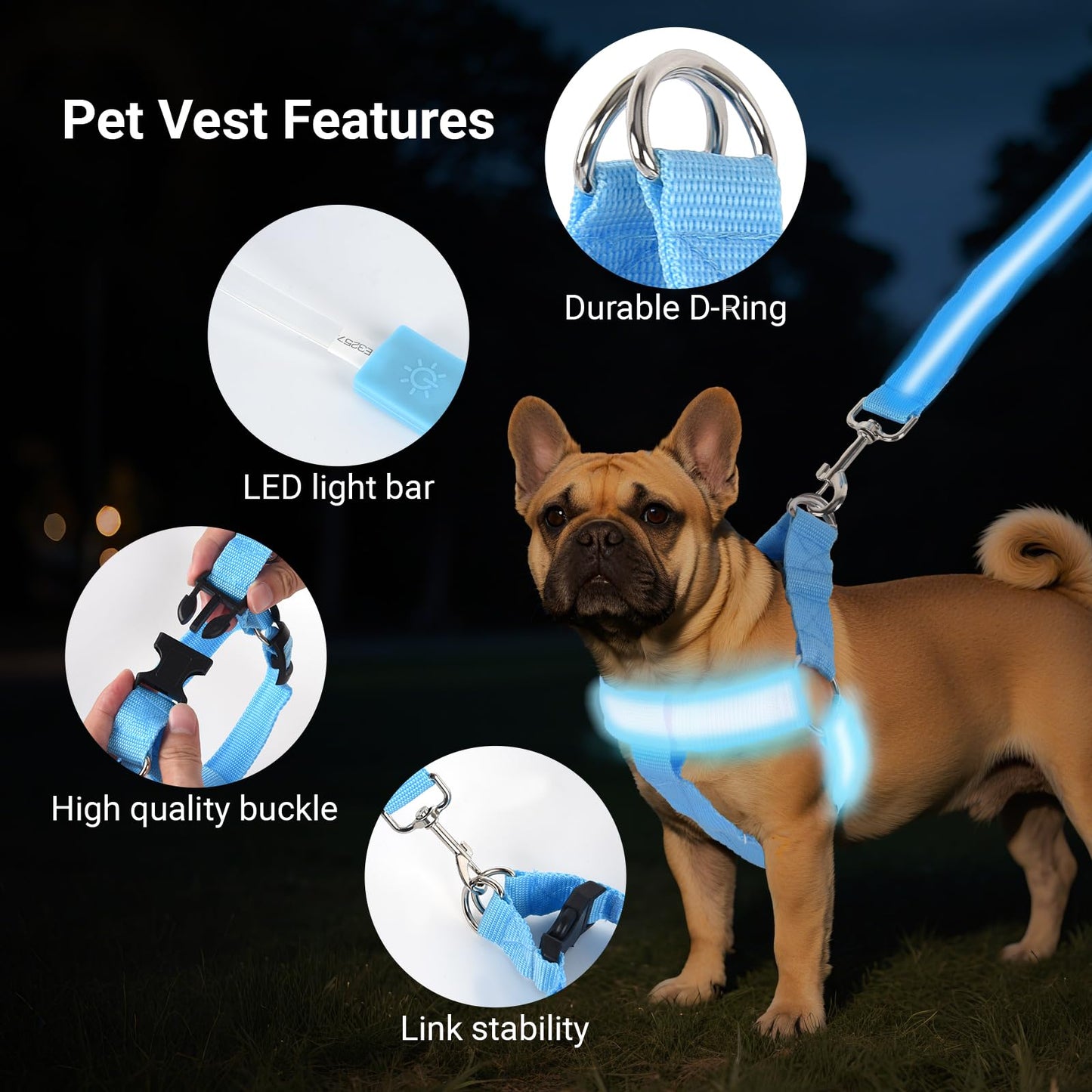 QVEEQ Light Up Dog Harness, led Dog Collar Rechargeable, Lighted Dog Collars for Night Safety Walking Camping Adjustable, Three Lighting Modes (Blue, S)