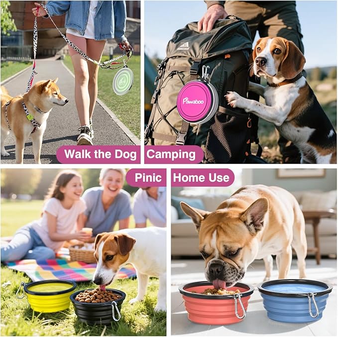 Pawaboo Collapsible Dog Bowls 2 Pack, Silicone Feeding Watering Bowls with Lids & Carabiners for Dogs Cats, Portable Water Feeder Food Bowl for Walking Traveling Home Use, Pink + Purple