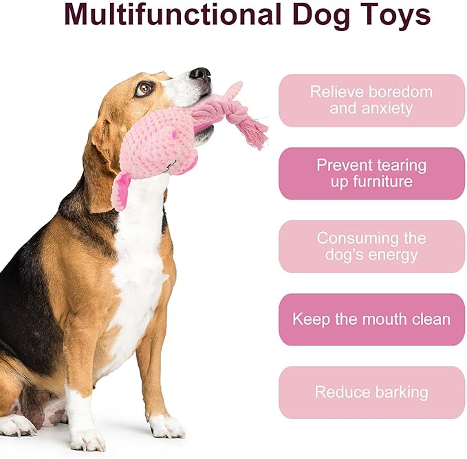 Dog Toys, Dog Squeaker Toys with Crinkle Paper, Stuffed Animal Dog Plush Chewing Toy, Cotton Rope Interactive Toys for Puppy, Small, Middle Dogs (Pink Pig)