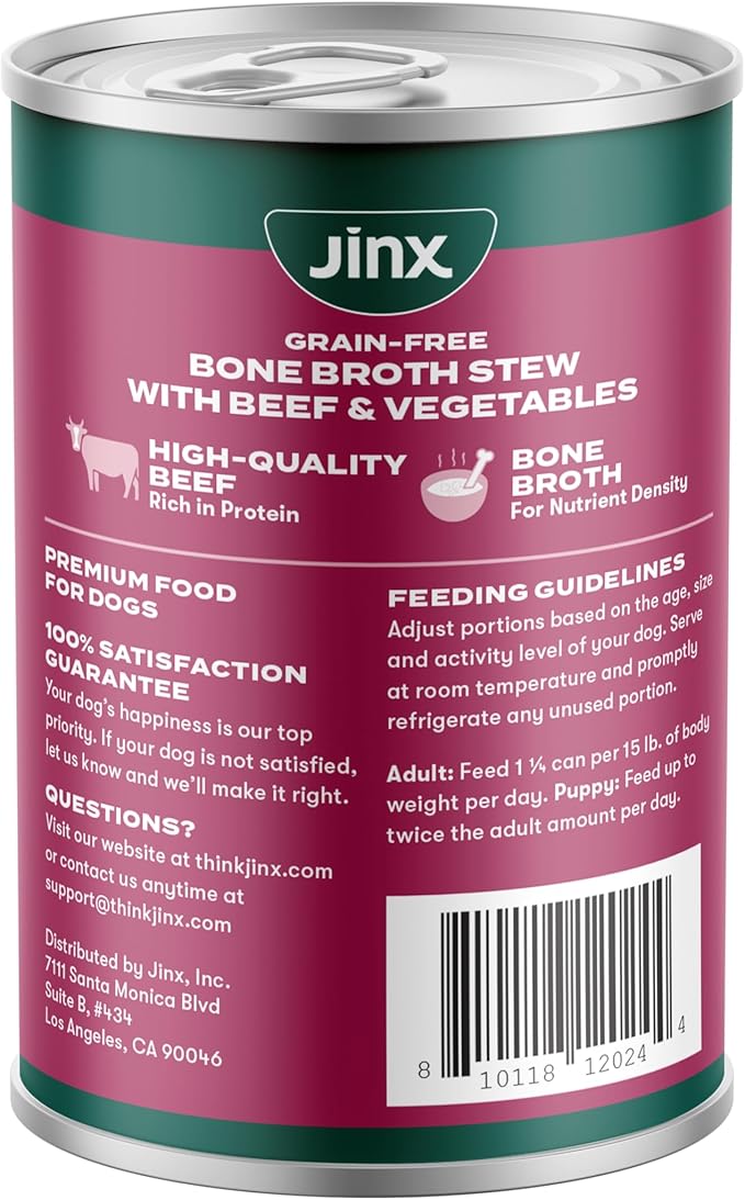 Jinx Bone Broth Stew for Dogs - Beef & Vegetables Recipe - Grain-Free Wet Dog Food & Topper for Picky Eaters - Promotes Lean Muscle Growth, A Healthy Coat & Improved Digestion - 13 Oz, 12 Pack