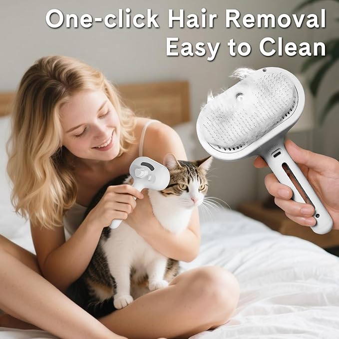 Pet Steam Brush for Dog & Cat,4-in-1 Spray Hair Removal Comb with Waterless Shampoo,Steam for Shedding & Grooming–Water Brush for Long & Short Haired Pets –Anti-Static & Skin-Friendly Design (White)