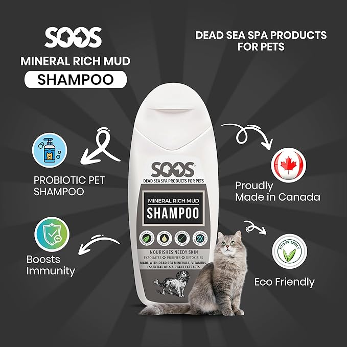 Soos Pet Dog Shampoo for Cats and Pets Mineral Rich Mud Natural Dead Sea Cruelty Free Fast Absorbing Skin Cooling First Aid Antib-acterial and Antif-ungal Odor Remover - 1x 250ml
