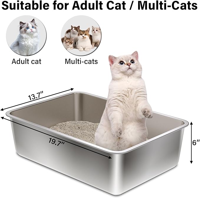 Stainless Steel Litter Box, 20"x14"x6" Large Metal Cat Litter Box, Easy to Clean, Non Stick No Smell,Steel Litterbox for Adult Cats/Kitty