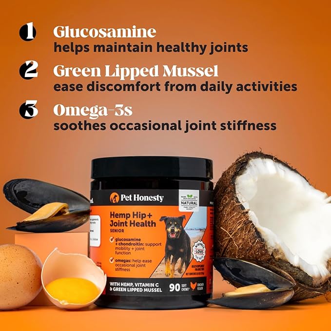 Senior Hemp Hip & Joint Supplement - Dog Joint Supplement with Hemp Oil, Glucosamine for Dogs, Collagen, MSM & Green Lipped Mussel - Mobility for Senior Dogs (Chicken 180ct)