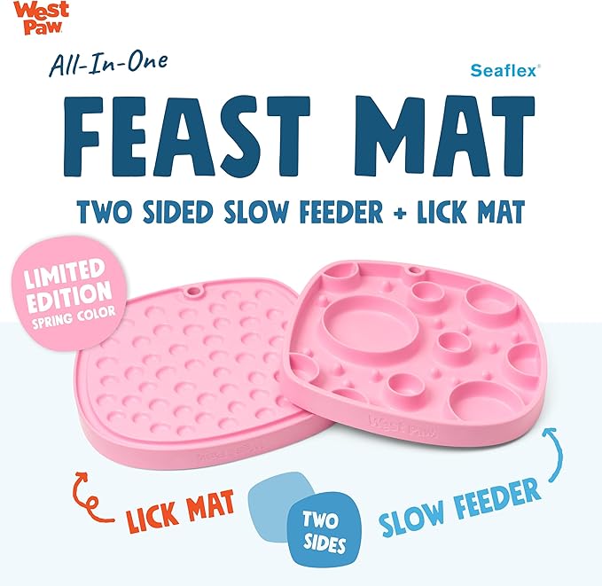 West Paw Seaflex Bubbles Feast Mat – All-in-One, Slow Feeder, Lick Mat – Encourages Foraging & Food Exploration - Engages Picky Eaters & Slow Feeding - Versatile – Easy to Clean, Non-Toxic - Bubblegum