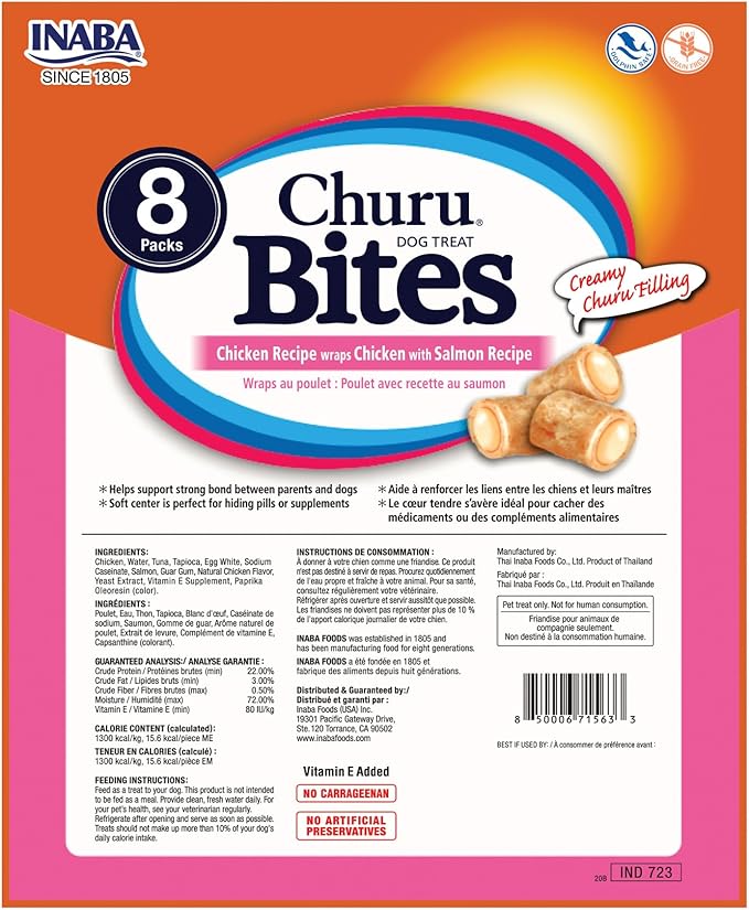 INABA Churu Bites for Dogs, Soft & Chewy Dog Treats, 0.42 Ounces Each Tube, 64 Tubes Total (8 Tubes per Pack), Chicken with Salmon Recipe