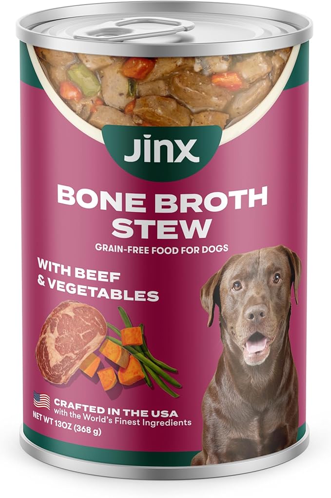 Jinx Bone Broth Stew for Dogs - Beef & Vegetables Recipe - Grain-Free Wet Dog Food & Topper for Picky Eaters - Promotes Lean Muscle Growth, A Healthy Coat & Improved Digestion - 13 Oz, 12 Pack
