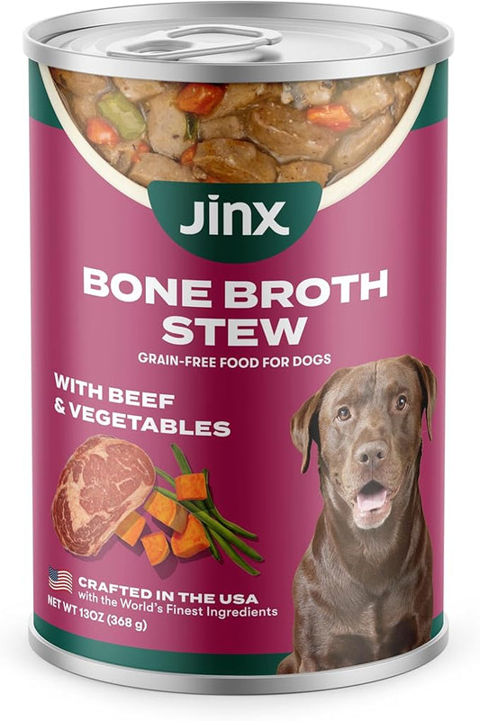 Jinx Bone Broth Stew for Dogs - Beef & Vegetables Recipe - Grain-Free Wet Dog Food & Topper for Picky Eaters - Promotes Lean Muscle Growth, A Healthy Coat & Improved Digestion - 13 Oz, 12 Pack