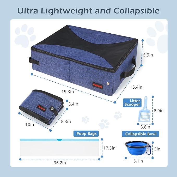 Portable Cat Travel Litter Box. Zipped Lid, Collapsible Litter Box for Cats. No Leakage, No Smell. Easy to Carry. Used for Hotels, Camping, Car (Blue,L)