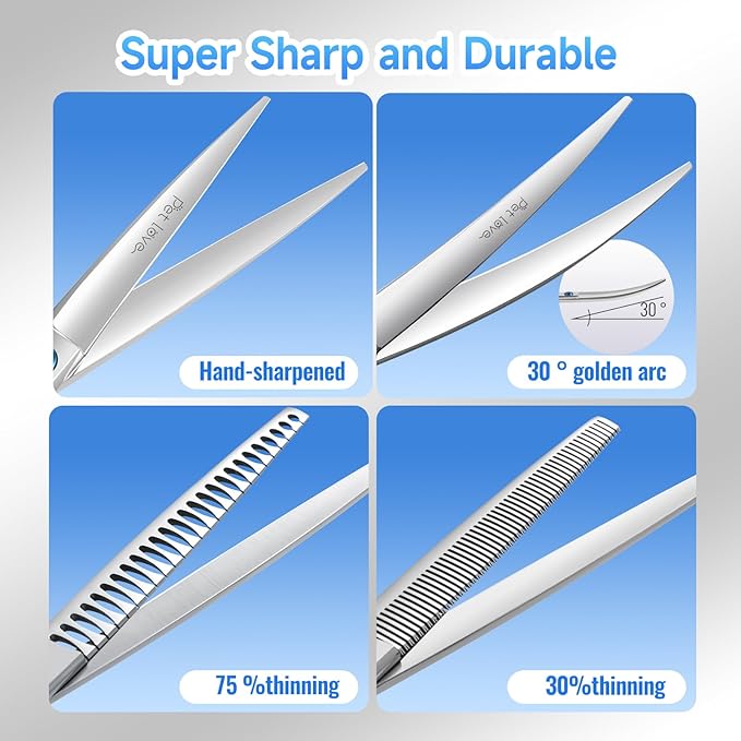 Dog Grooming Scissors Set 7.5 in Professional Curved Thinning Straight Chunker Shears 4Pcs Kit Grooming Big Dogs Poodle Pet Japan 440C Stainless Steel(7.5'',Kit)