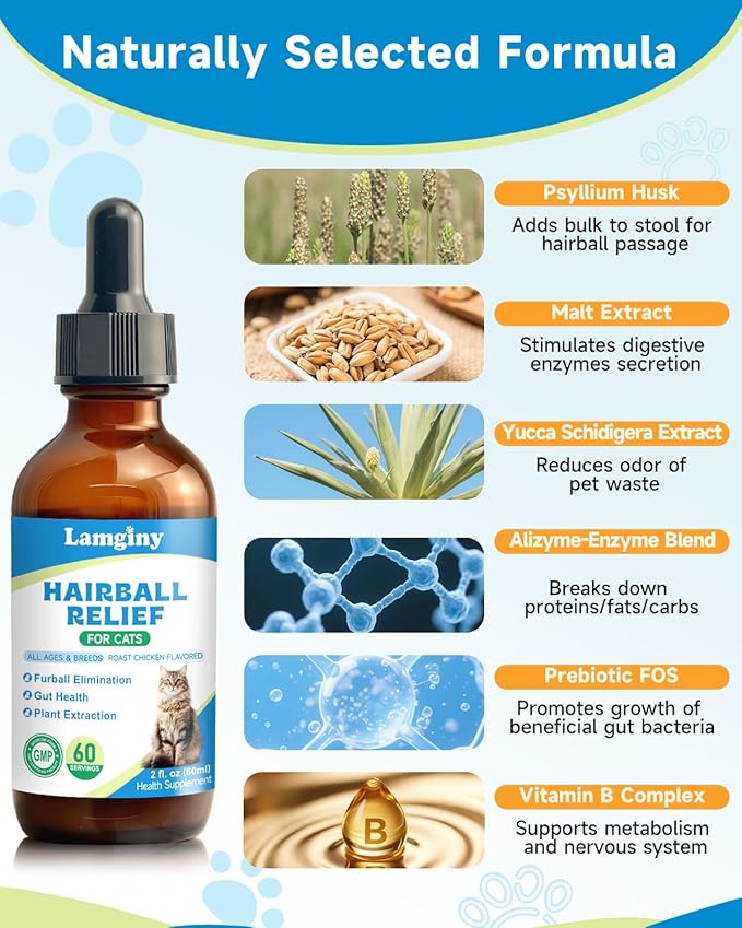 Hairball Relief for Cats - Cat Hairball Remedy for Digestive Health Aid, Immune Support, Skin Coat Support, Furball Control with Psyllium Husk, Pumpkin Fiber, Omega-3, Enzyme, Vitamin, 60ml
