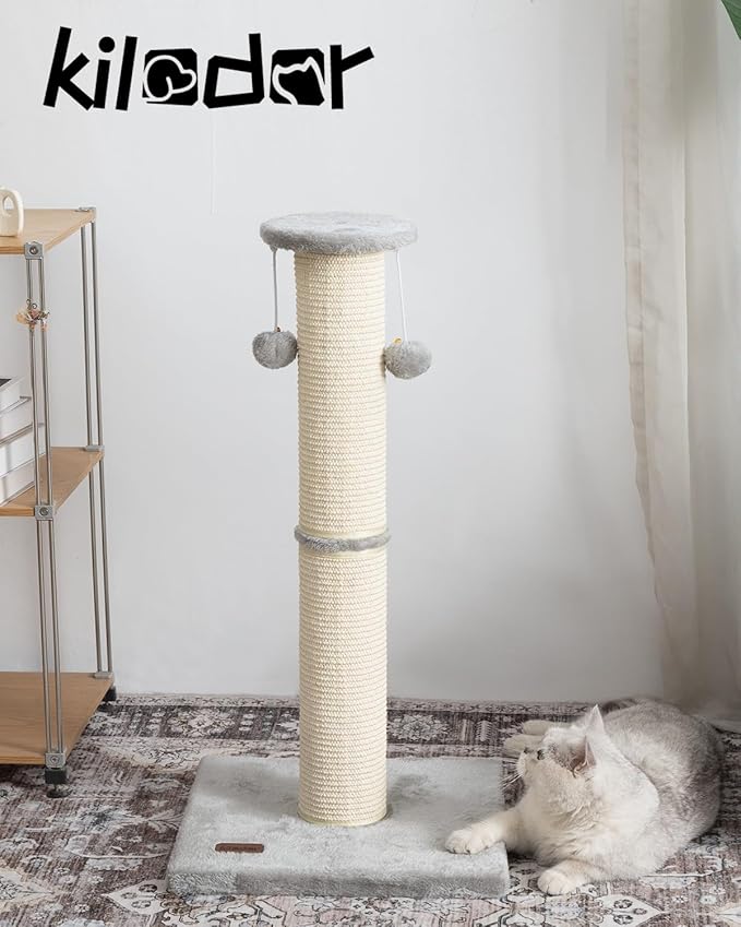 Kilodor Cat Scratching Post 34 Inches Large Sturdy Cat Post with Replaceable Sisal Scratcher and Hanging Ball Scratching Post for Indoor Cats Adult Grey