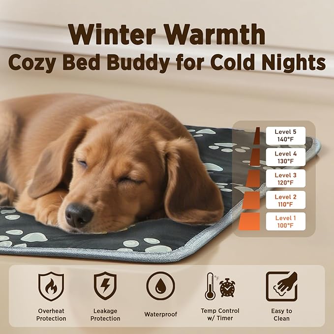 furrybaby Pet Heating Pad, Waterproof Dog Heating Pad Mat for Cat with Durable Anti-Bite Tube Indoor for Puppies Dogs Cats (1 Pack Black, 47 * 30 in, Temp Adjustable)