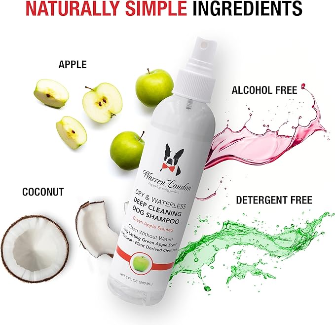 Warren London Waterless Dog Shampoo 8 oz – Green Apple No-Rinse Dry Shampoo Spray | Instant Deodorizer for Smelly Pets, Itch Relief, Dye-Free & Cruelty-Free | Made in USA