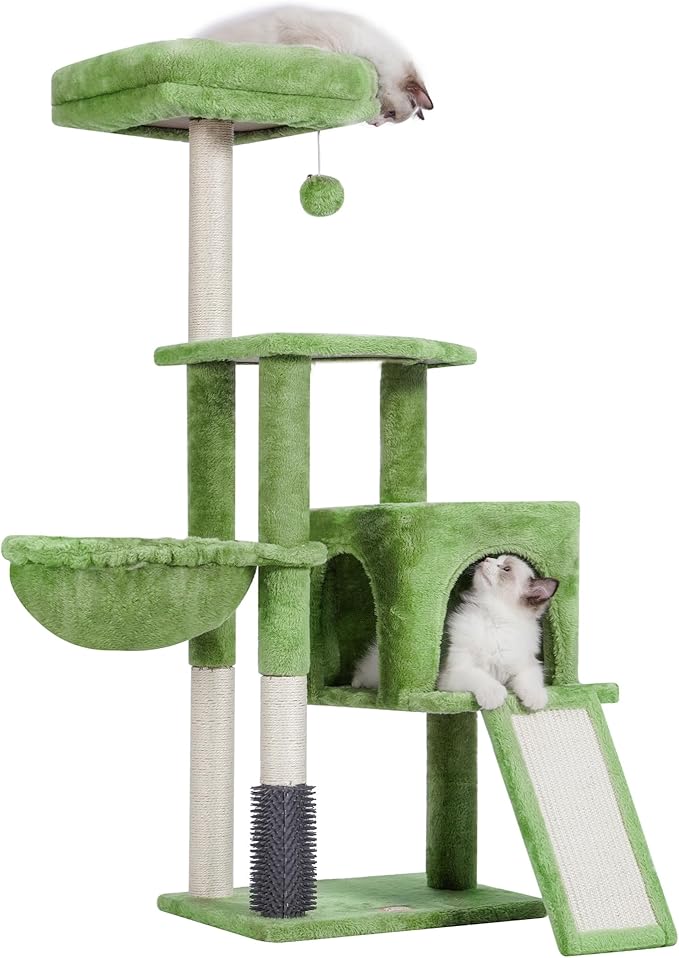 Heybly Cat Tree with Cat Self Groomer Brush, Cat Tower Condo for Indoor Cats with Padded Plush Perch, Cat House with Basket Scratching Board Post, Green HCT005SGR