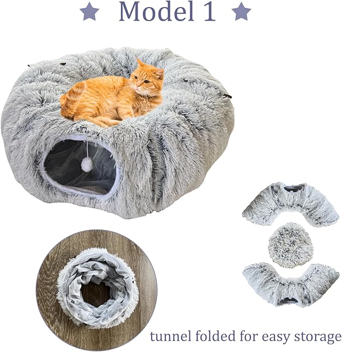 Collapsible Cat Tunnel Bed - Plush Multifunctional Pet Bed & Play Tunnel Toys with Hanging Balls & Peepholes for Indoor Kitty Kitten Puppy Rabbit Ferret