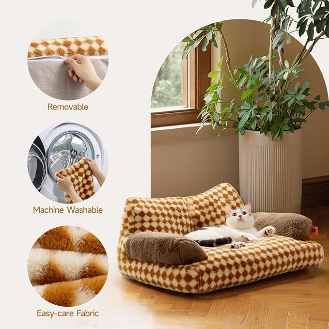 MEWOOFUN Cat Bed for Indoor Cats, Washable Dog Beds for Small Medium Dogs & Cats, Fluffy Cat Couch with Non-Slip Bottom, 26×19×13 Inch (Brown, 26.0" L x 19.0" W x 13.0" Th)