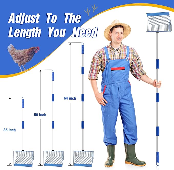 Large Chicken Poop Scooper, Heavy Duty Chicken Coop Scoop for Sand, 35" to 64" Adjustable Stainless Steel Handle, Multifunctional Sifting Shovel for Chicken Coop/Goat Stall/Stable Cleaning