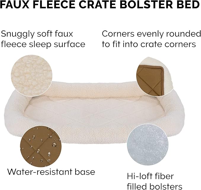Furhaven Dog Bed for Medium/Small Dogs & Indoor Cats, 100% Washable, Sized to Fit Crates - Sherpa Fleece Bolster Crate Pad - Cream, Medium