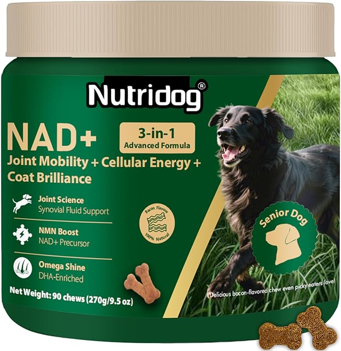 NAD Supplement for Senior Dogs - 3-in-1 Joint Supplement for Dogs, Skin & Coat Care Chews with Glucosamine, NMN, Omega-3 - Bacon Flavor, 90 Count for Arthritis & Allergy Relief (90Ct, Bacon)
