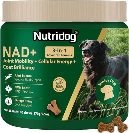 NAD Supplement for Senior Dogs - 3-in-1 Joint Supplement for Dogs, Skin & Coat Care Chews with Glucosamine, NMN, Omega-3 - Bacon Flavor, 90 Count for Arthritis & Allergy Relief (90Ct, Bacon)
