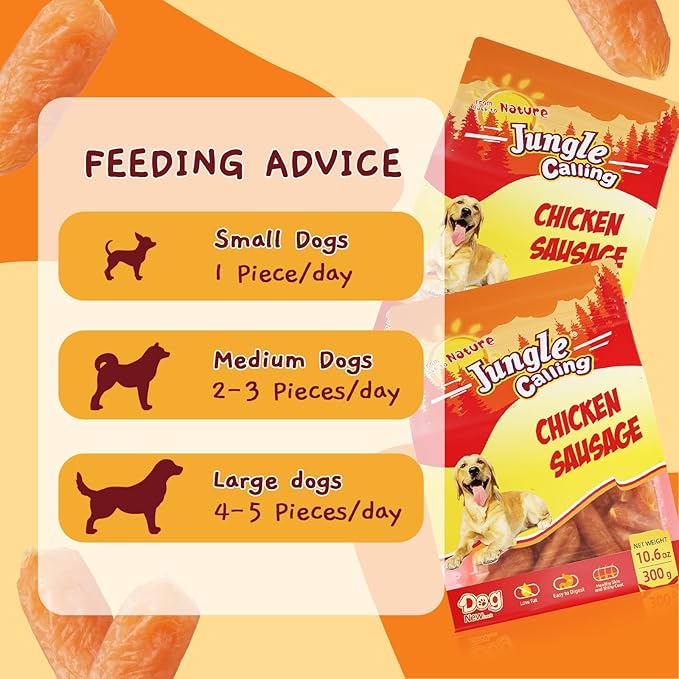 Jungle Calling Chicken Sausage Dog Treats, Slow Roasted Chicken Jerky for Small & Medium Dogs, Grain-Free, High-Protein Chewy Dog Training Treats, 10.6 oz