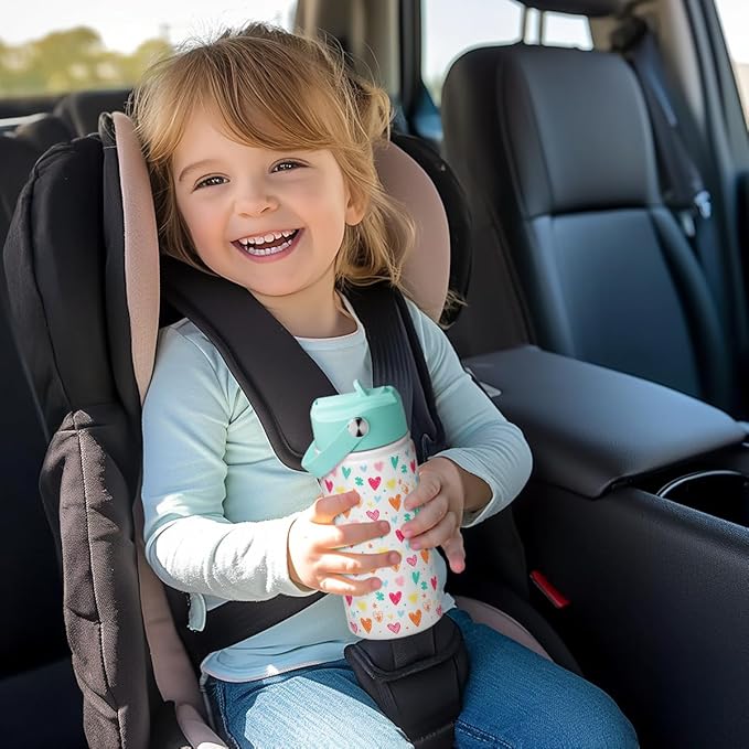 Kid Water Bottle 12oz with Straw Lid - 2-Pack Insulated Stainless Steel Water Bottles for Kids Girls - Travel Cup for School Sports, Bow & Heart